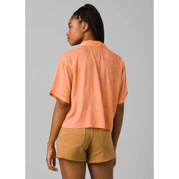 Prana Iguala Camp Shirt Womens Size XL Rayon Flowy Cropped Orange Tropical - Picture 2 of 11